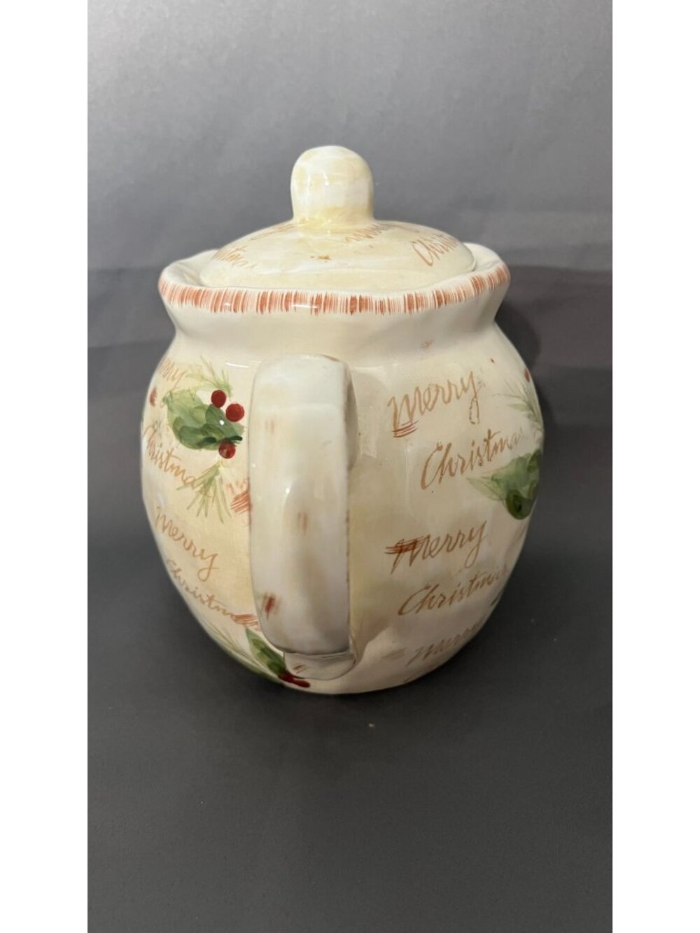 Christmas Ceramic Teapot Hand-Painted With Tree & Holly Design "Merry Christmas" - Picture 3 of 7